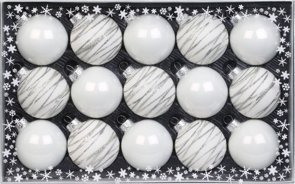 Weihnachtskugeln Streifen Mix Glas 6cm, 15er Set, Farbe:weiß glanz / matt