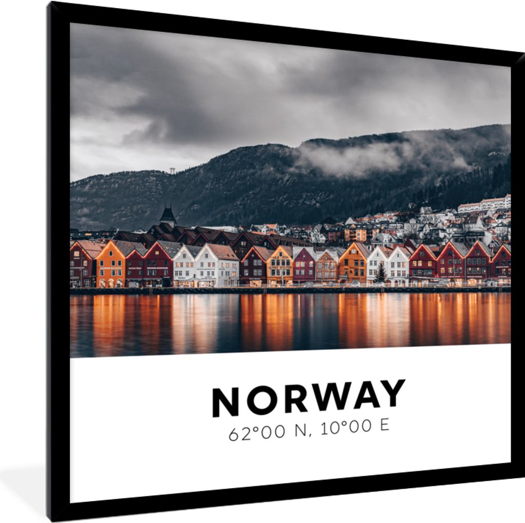 MuchoWow Gerahmtes Poster Norwegen - Bergen - Skandinavien 40x40 cm - Poster mit Schwarzem Bilderrahmen Wandposter Rahmen Foto Bilder - Mit Rahme...