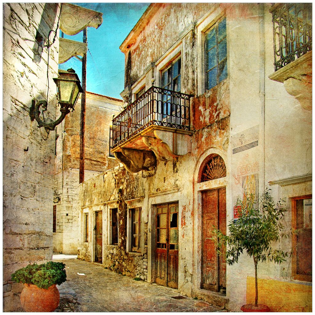 Wallario Möbeldesign - Glasplatte, Schutzplatte mit Motiv - geeignet für Ikea Lack Tisch, Größe: 55 x 55 cm, Motiv: Gasse im Süden, Urlaub in ...