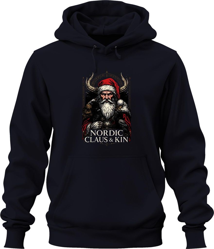 Nordic Claus Kin Wikinger Weihnachtsmann Hornhelm Raben Bart Uni Hoodie Kapuzenpullover, Navy, XXL