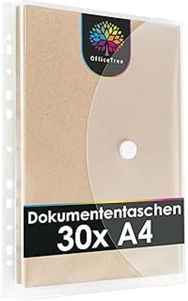 OfficeTree 30 x Dokumententasche A4 Abheftbar mit 200 Lochverstärker - Folientasche A 4 - Dokumentenmappe A4 zum Abheften - Klarsichthüllen mit K...