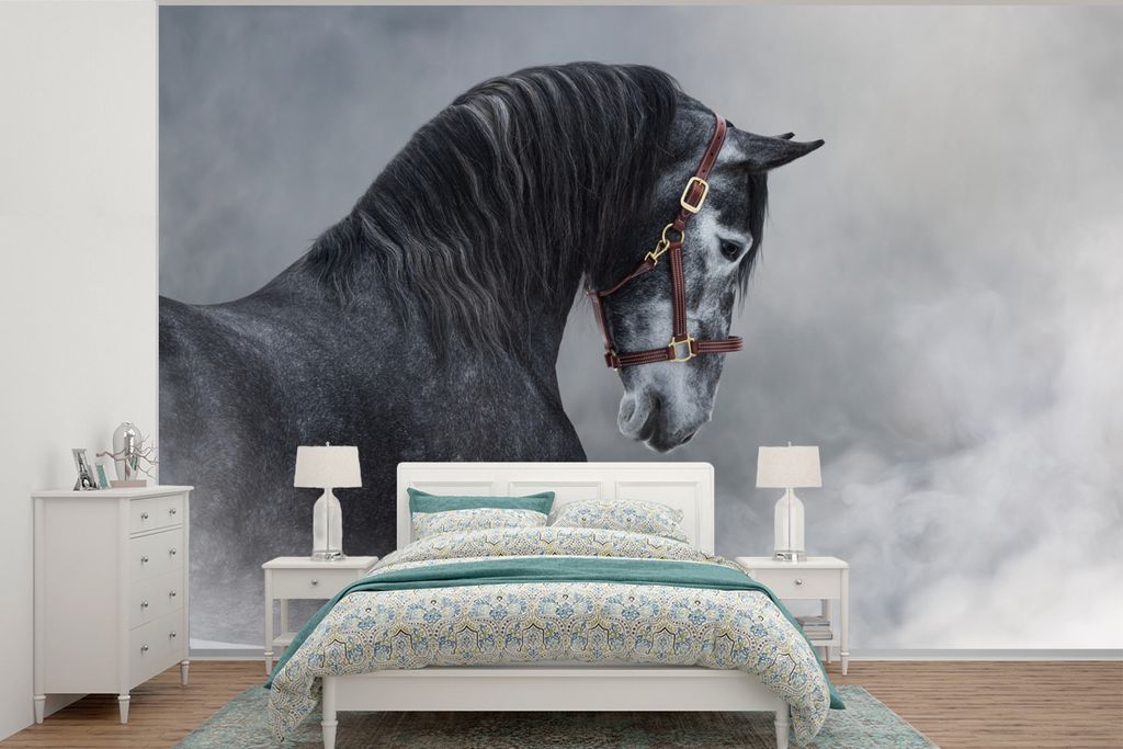 MuchoWow Fototapete für Wohnzimmer oder Schlafzimmer Wandtapete Vinyl Motivtapete Pferd - Grau - Braun - Tiere - Rauch - 450x300 cm - Kindertape...