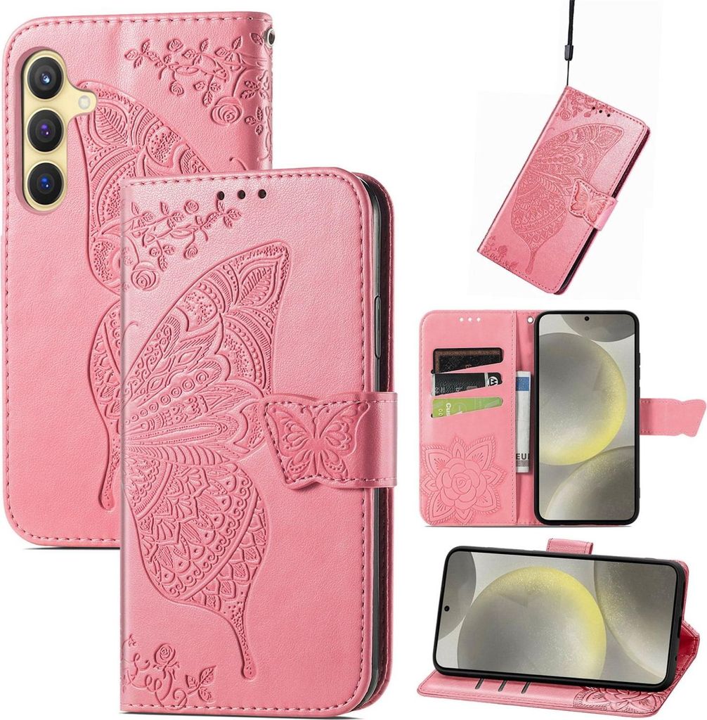 Für Samsung Galaxy S25 FE 5G Kunstleder Wallet Handy Tasche Schmetterling Design Hülle Etuis Pink