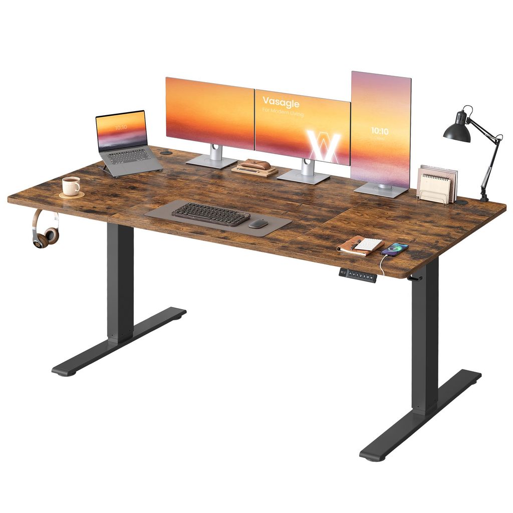 VASAGLE Höhenverstellbarer Schreibtisch, 180 cm, USB-C-Anschluss, Ablage für Steckdosenleiste, Erinnerung bei langem Sitzen, 3 Speichertasten