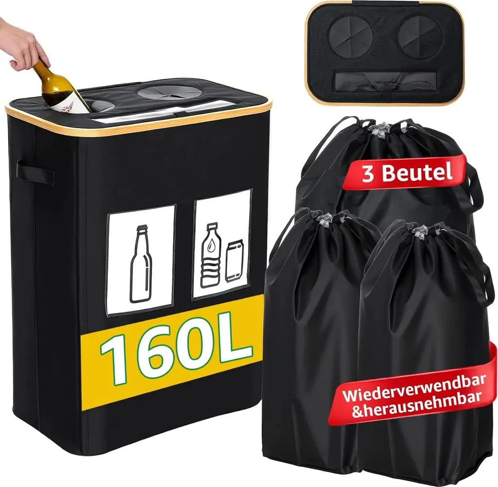 Cesto portaoggetti - Contenitore portaoggetti - Capacità 160 l - Doppia camera - Con sacco interno - Impermeabile - Plastica - Per bottiglie, vestiti e giocattoli