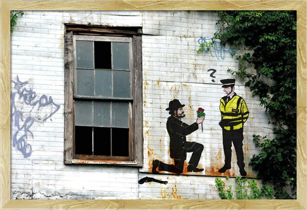 Tableau mural Police sous cadre bois hêtre Shinsuke et vitre de protection