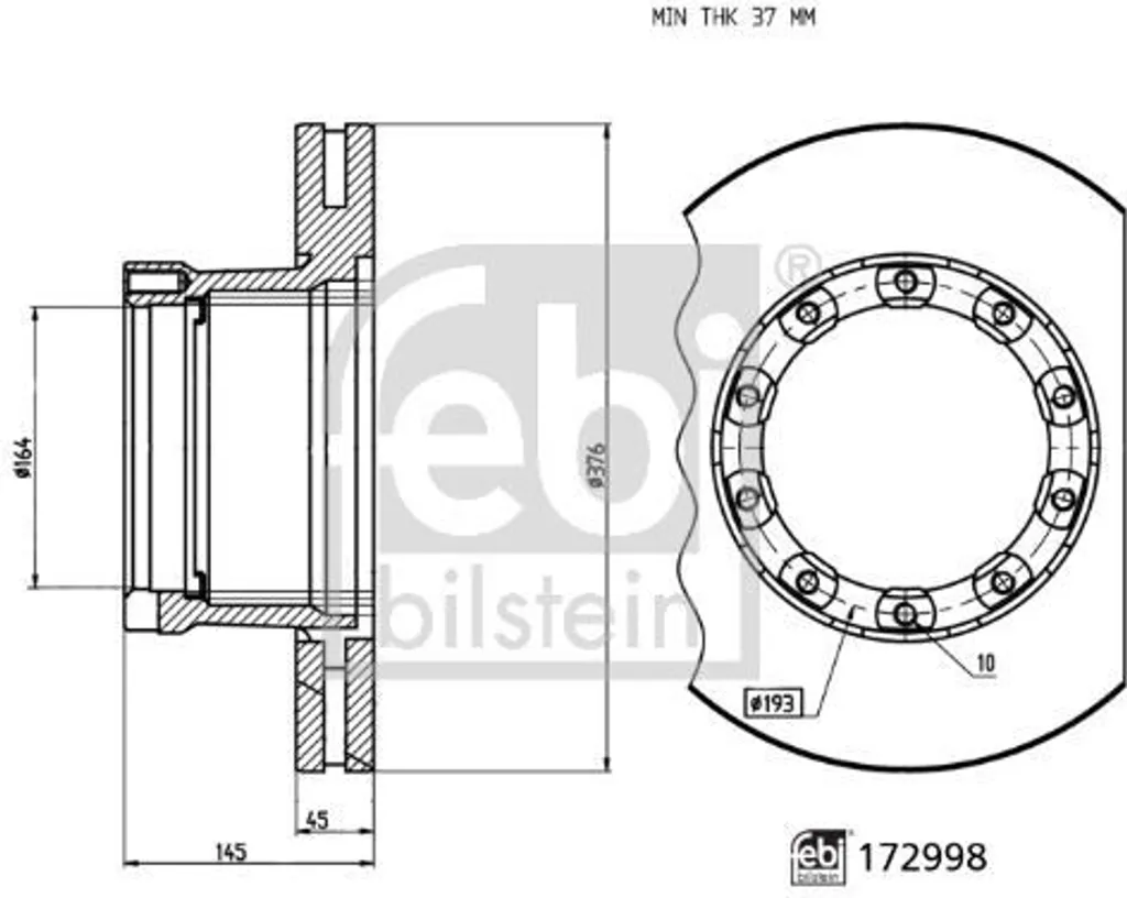 Paire de disques de frein arrière 376mm Febi 172998 pour poids lourds