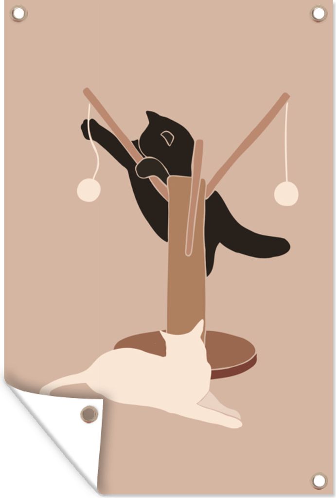 MuchoWow 60x90 cm Outdoor-Poster Gartendeko Sichtschutz Garten Poster für den Garten Kratzbaum - Katzen - Minimalismus - Pastell