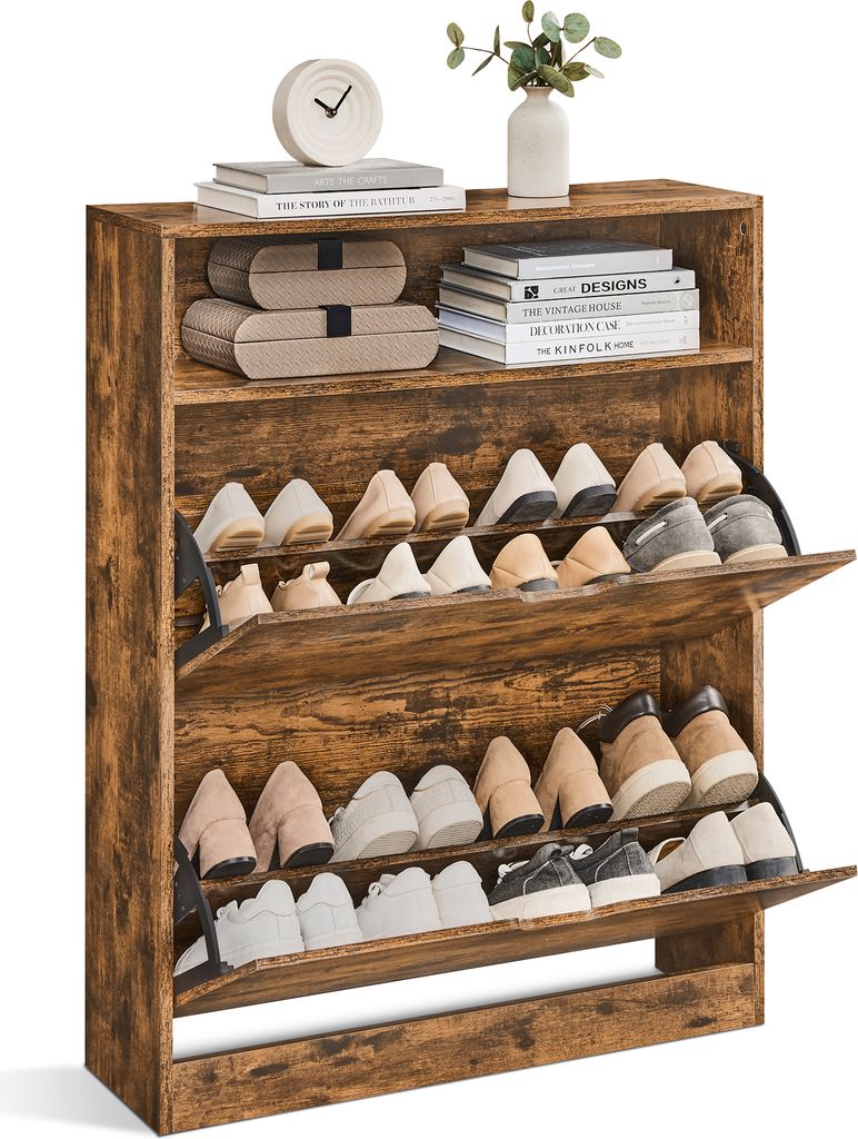A vintage-style shoe cabinet with two flip-down doors, filled with shoes.
