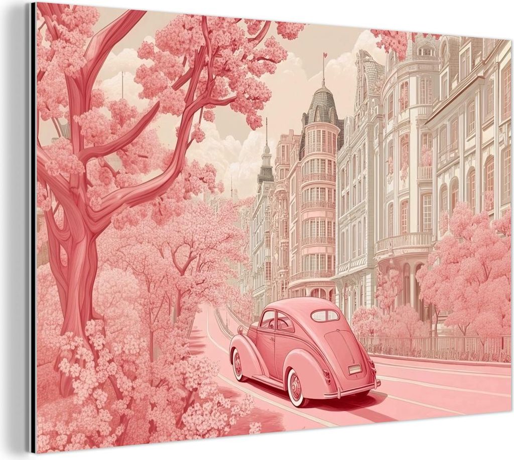 MuchoWow Wanddekoration Metall Metallbild Wandkunst 90x60 cm Stadt - Auto - Rosa MuchoWow Aluminium Gemälde - Wandbilder