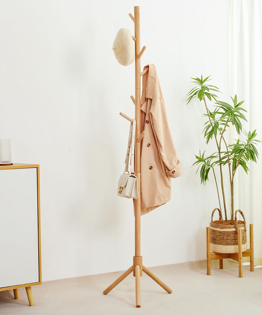 Yorbay Garderobenständer, Kleiderständer mit 8 Haken, Freistehender Kleiderständer,Garderobe aus Massivholz,Für Kleidung, Hüte, Rucksäcke