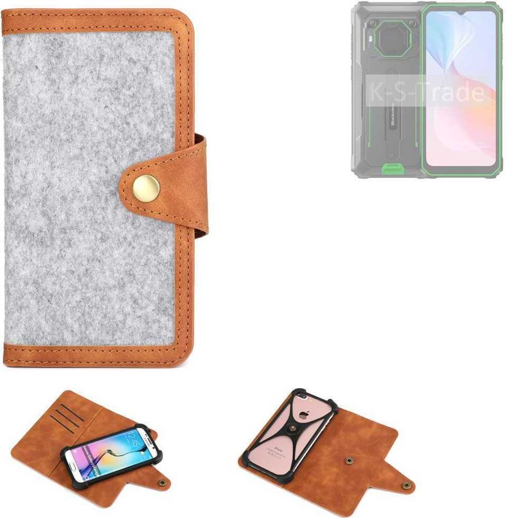K-S-Trade Handyhülle kompatibel mit Blackview BV6200 Pro Schutzhülle Filz-Hülle Kunst-Leder hellgrau braun (1x)