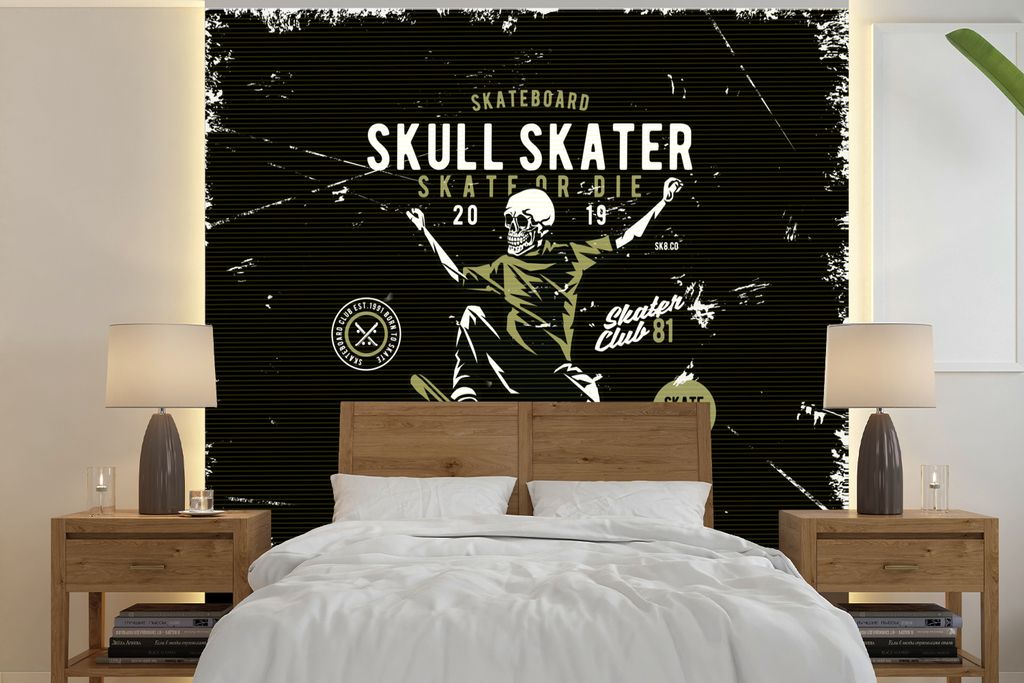 MuchoWow Fototapete für Wohnzimmer oder Schlafzimmer Wandtapete Vinyl Motivtapete Skateboard - Skelett - Vintage - Zitat - 240x240 cm - Schlafzi...