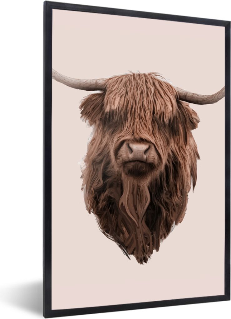 MuchoWow MuchoWow Gerahmtes Poster Kopf - Schottisches Hochlandrind - Illustration 20x30 cm - Poster mit zchwarzem Bilderrahmen - Drucken - Bil...