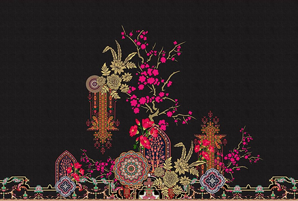 Tadessi Fototapete | Orientalisch | 4.00 m x 2.70 m | Schwarz | Pink | Wandbild | Digitaldruck