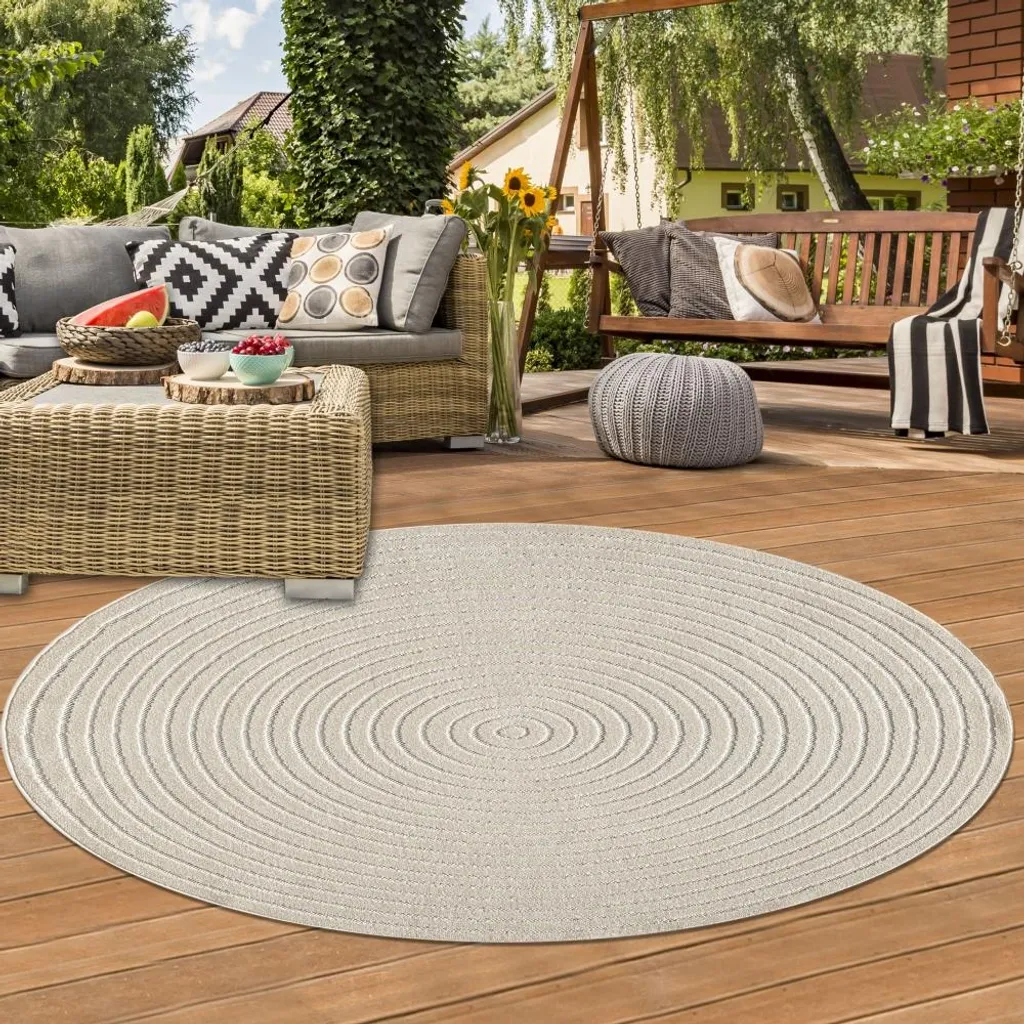 Tapis de terrasse rond beige 120cm, tapis outdoor design moderne