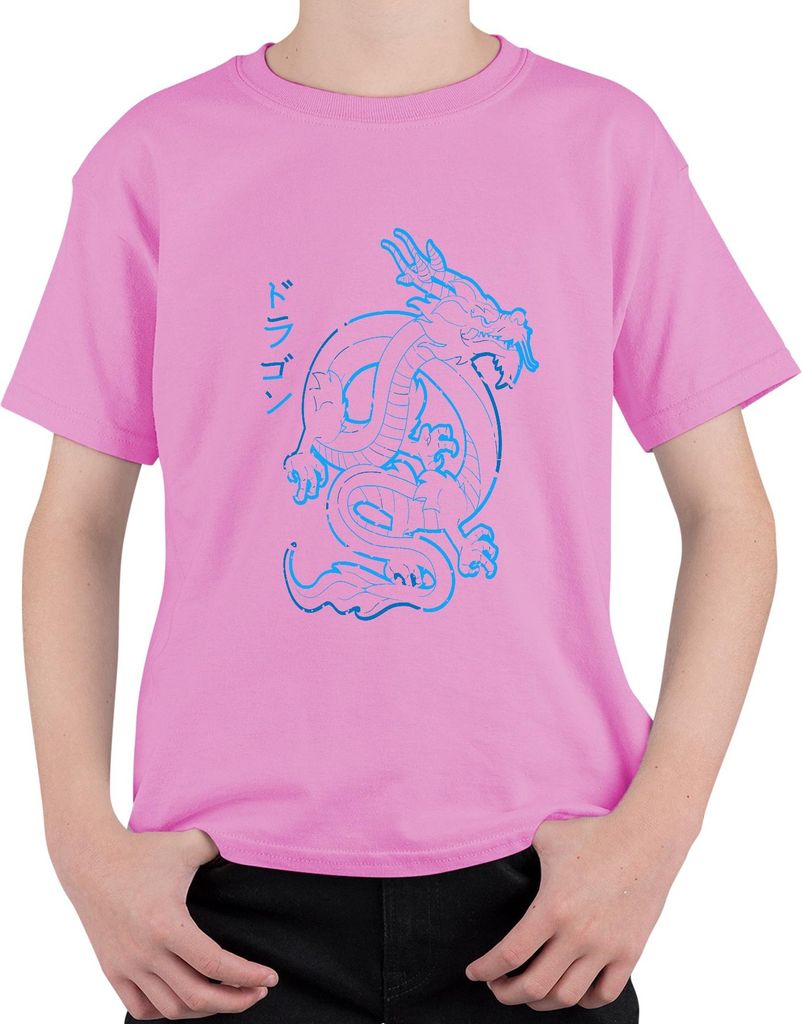 Japanischer Drache Neon Blau Katakana ドラゴン Cyberpunk Yakuza Retro Uni Kinder T-Shirt, Pink, 128