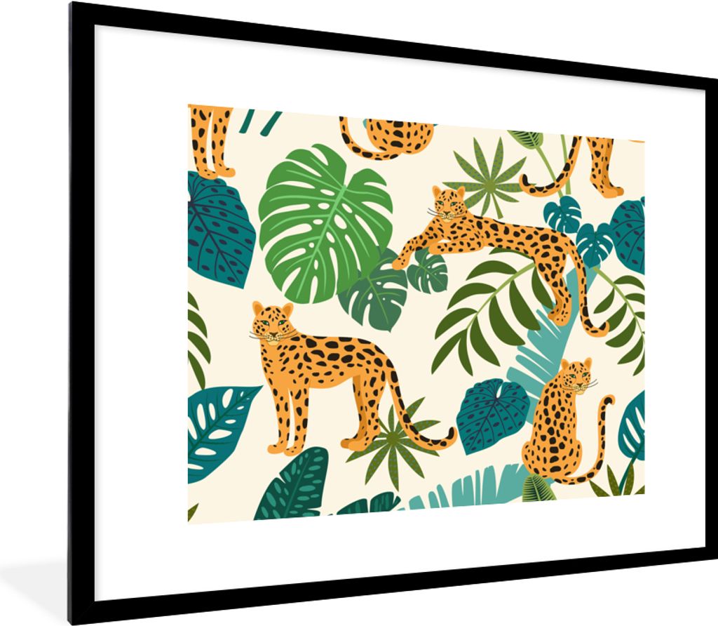MuchoWow Gerahmtes Poster Dschungel - Leopard - Pflanzen - Muster - Mädchen - Jungen 80x60 cm - Poster mit Schwarzem Bilderrahmen Wandposter Rah...