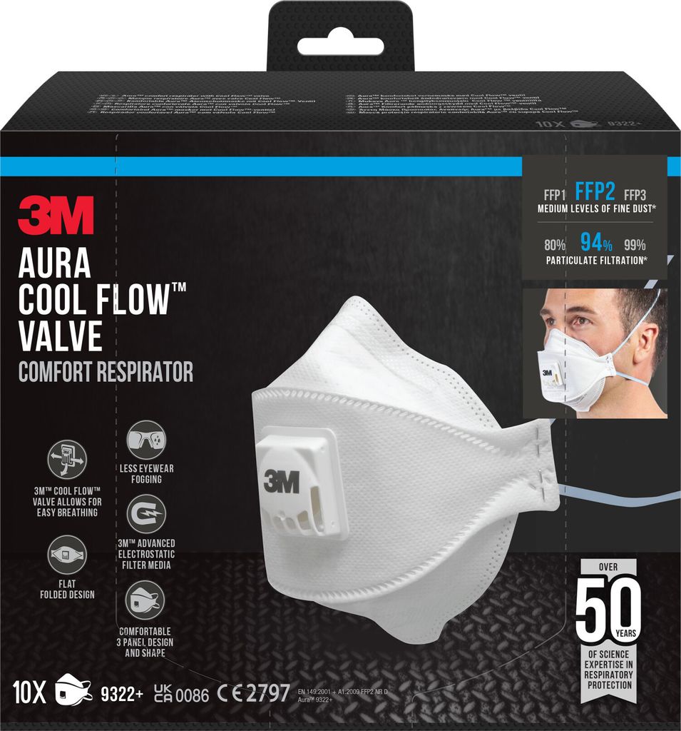 1x 3M Aura 9322+ FFP2 Atemschutz Atemschutzmaske mit Ventil Produktbild 