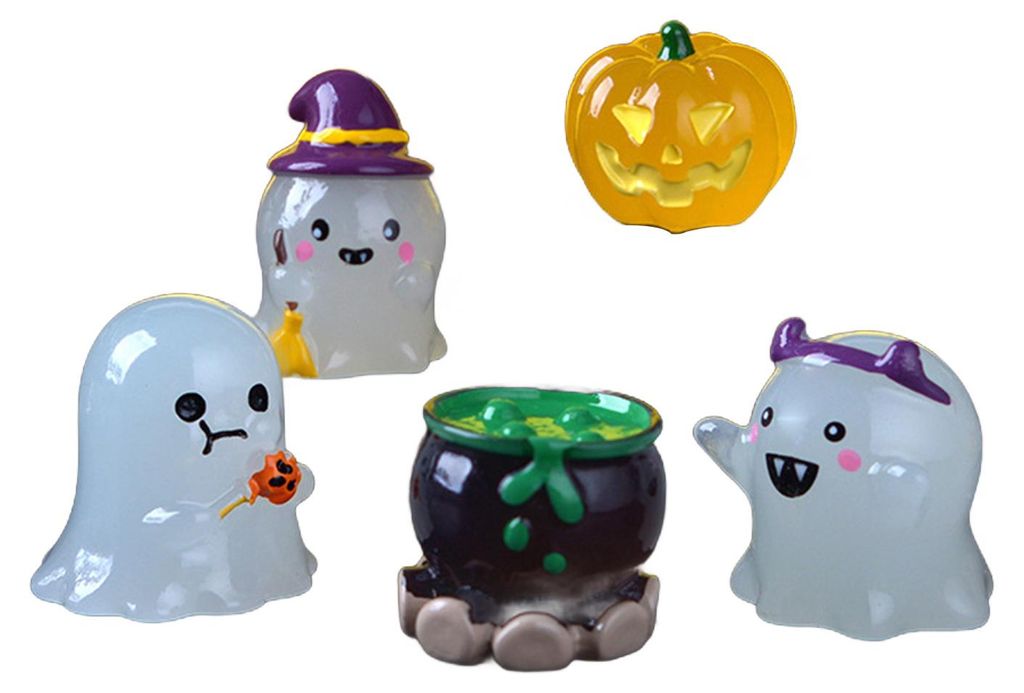 5-teiliges Set Halloween-Ornamente Kürbis-Geister-Miniaturfiguren aus Kunstharz, wetterfest, im Dunkeln leuchtende Landschaftsfiguren