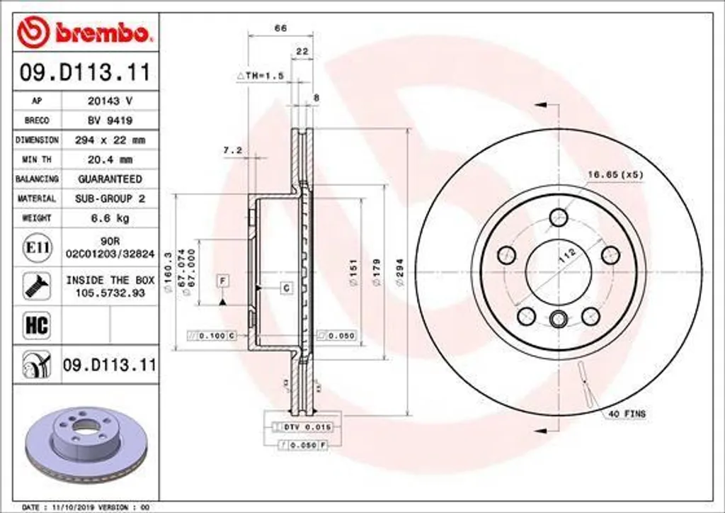 Brembo 09.D113.11 Disque de Frein Haute Performance BMW Série 3 G20 G21