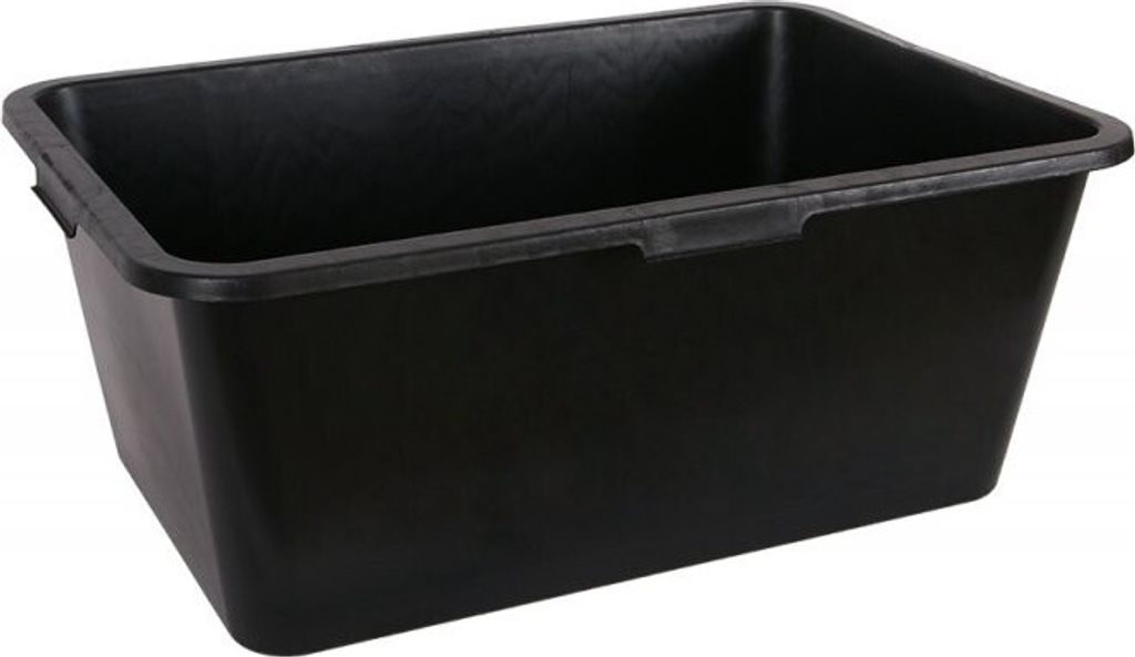 A black rectangular tub or basin is shown from a slightly elevated side angle against a white background.