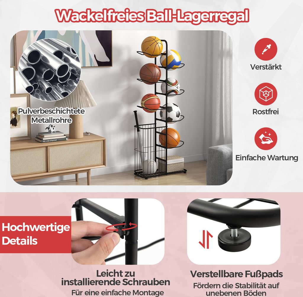 Étagère Verticale 4 Niveaux Pour Ballons De Sport – En Fonte Noire – Range Et Expose Basketball, Football, Volleyball – Gain De Place
