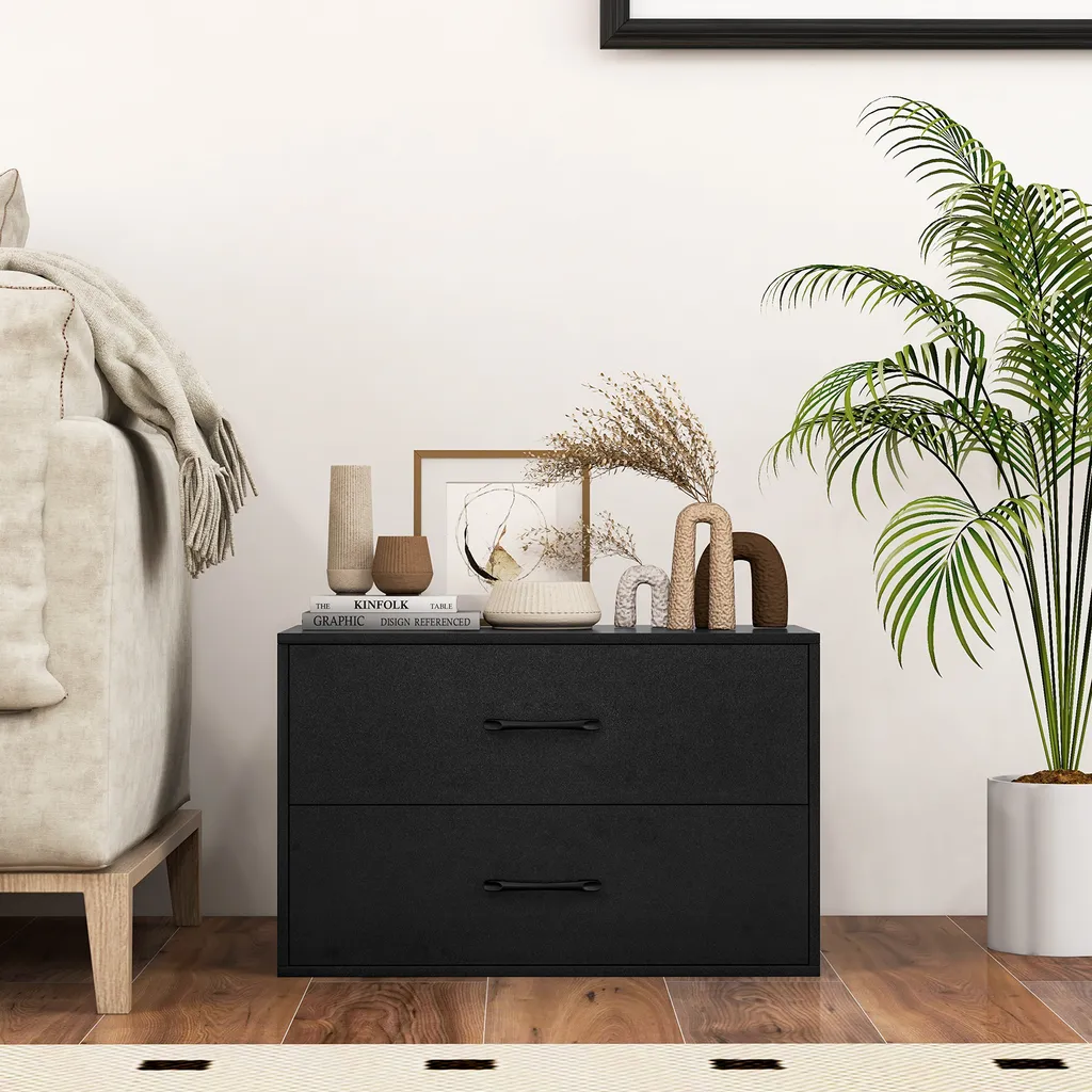 Meuble Bas de Rangement pour Chambre ou Bureau avec 2 Tiroirs Noir - 2