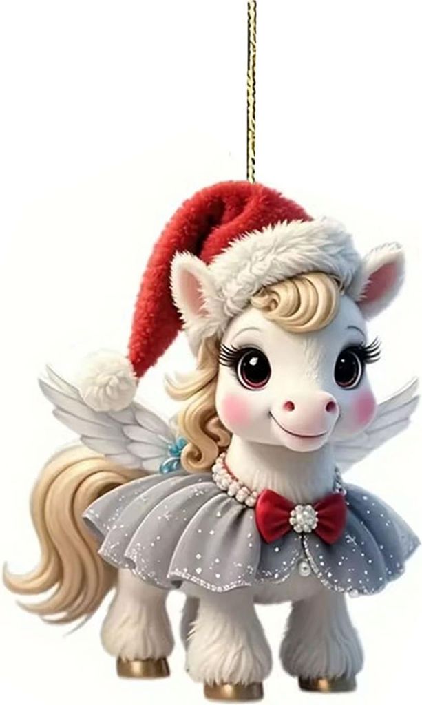 Weihnachtspony-Anhänger, 2D-Acryl-Hängedekoration für Auto und Weihnachtsbaum, niedliches Pferde-Design, Weihnachtsgeschenk für Kinder