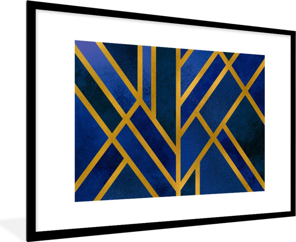 MuchoWow Gerahmtes Poster Gold - Blau - Muster 90x60 cm - Poster mit Schwarzem Bilderrahmen Wandposter Rahmen Foto Bilder - Wanddekoration - Fotos