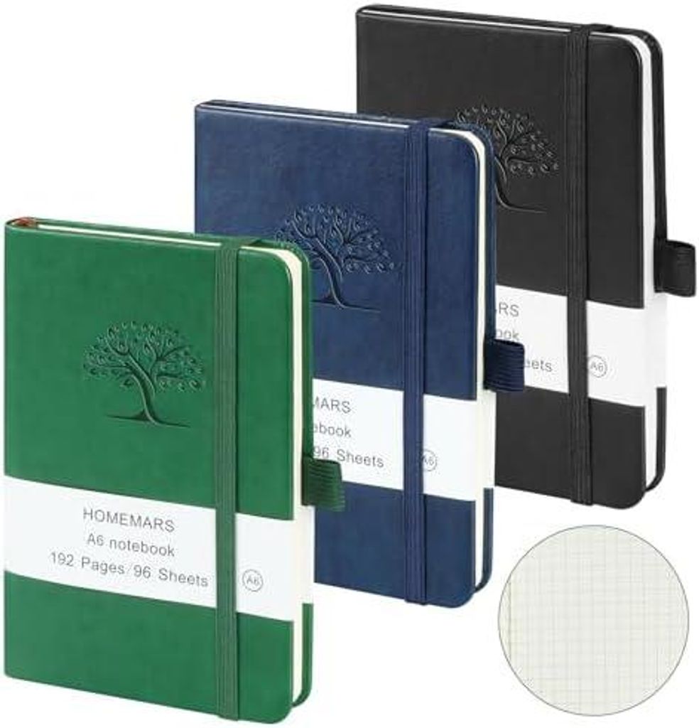 Notizbuch A6, 3 Stück, A6, Kariert, 14.4cm x 9.6cm Notizblock, Schwarz, Grün, Blau, Kariert, 192 Seiten, Notizheft, Notizblock, Notizbuch Leder, ...