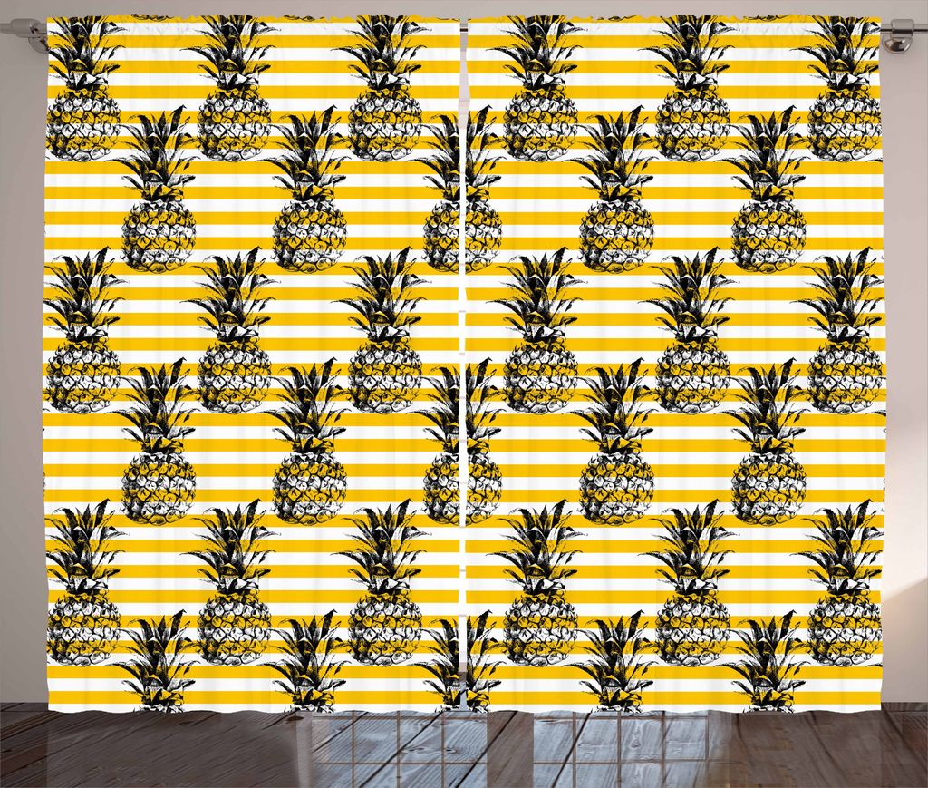 ABAKUHAUS Früchte Rustikaler Gardine, Modernes Ananas-Motiv, Schlafzimmer Kräuselband Vorhang mit Schlaufen und Haken, 280 x 175 cm, Erde Gelb Weiß