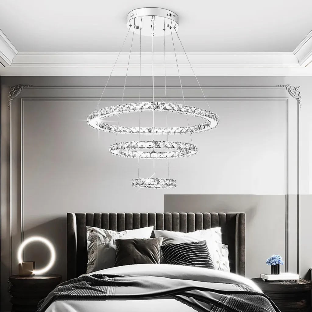 Lustre Design 3 Anneaux LED 60W à Intensité Variable pour Salon Moderne