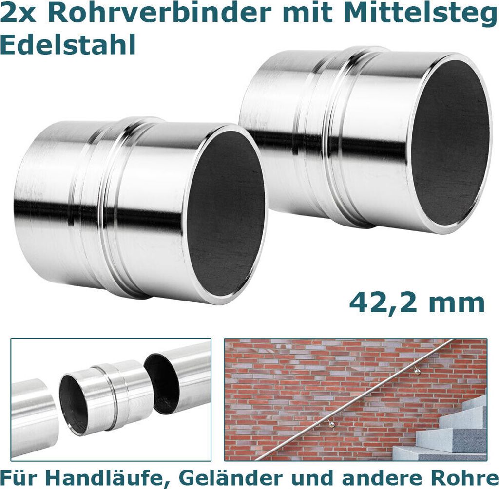 2x Rohrverbinder, mit zwei rohren rechts und links, Handlauf vor Ziegelwand