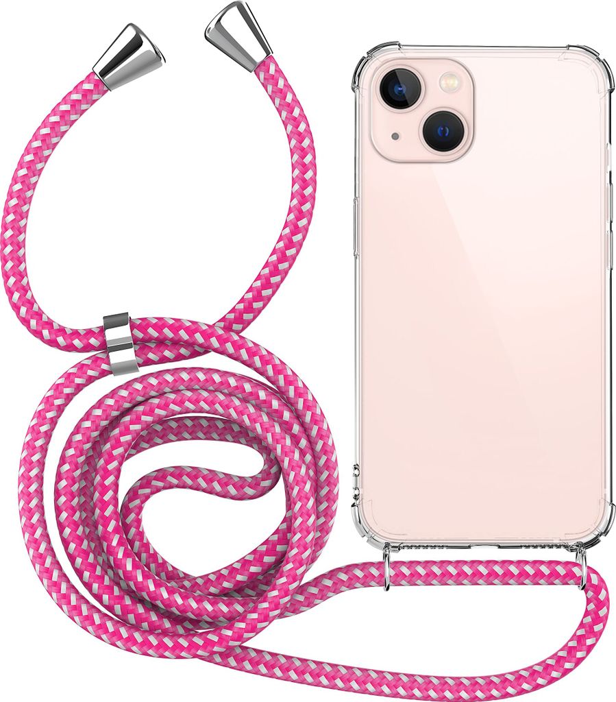 Handykette für Apple iPhone 14 - Handyhülle mit Schnur Cover in Pink mit Punkten