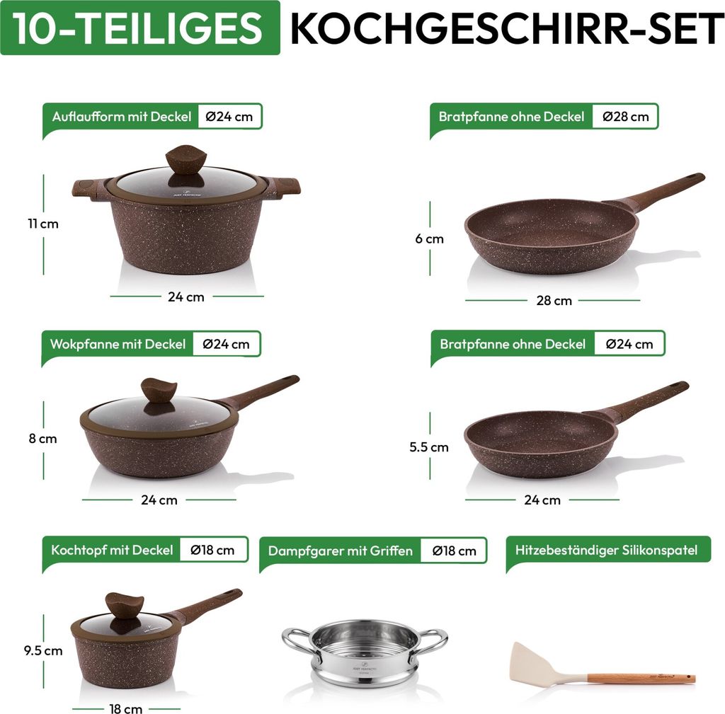 LEADZM Keramik Topfset Induktion,Pfannenset,Kochtopf Set Mit Deckel,Induktions Töpfe Set,17-Teilig,Alle Herde Kompatibel, PFOS/PFOA Frei (Noir+Natur