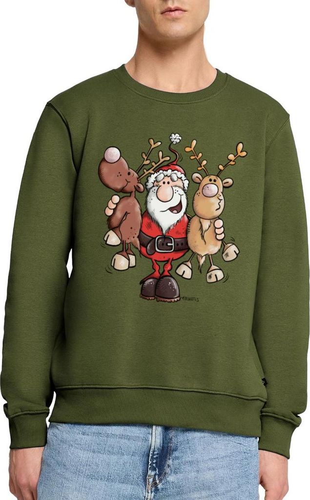 Spreadshirt Fröhlicher Weihnachtsmann Mit Rentieren Cartoon Stil Herren Premium Pullover, 3XL, Khaki