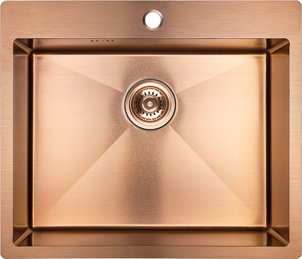 A top-down view of a rose gold kitchen sink with a drain.