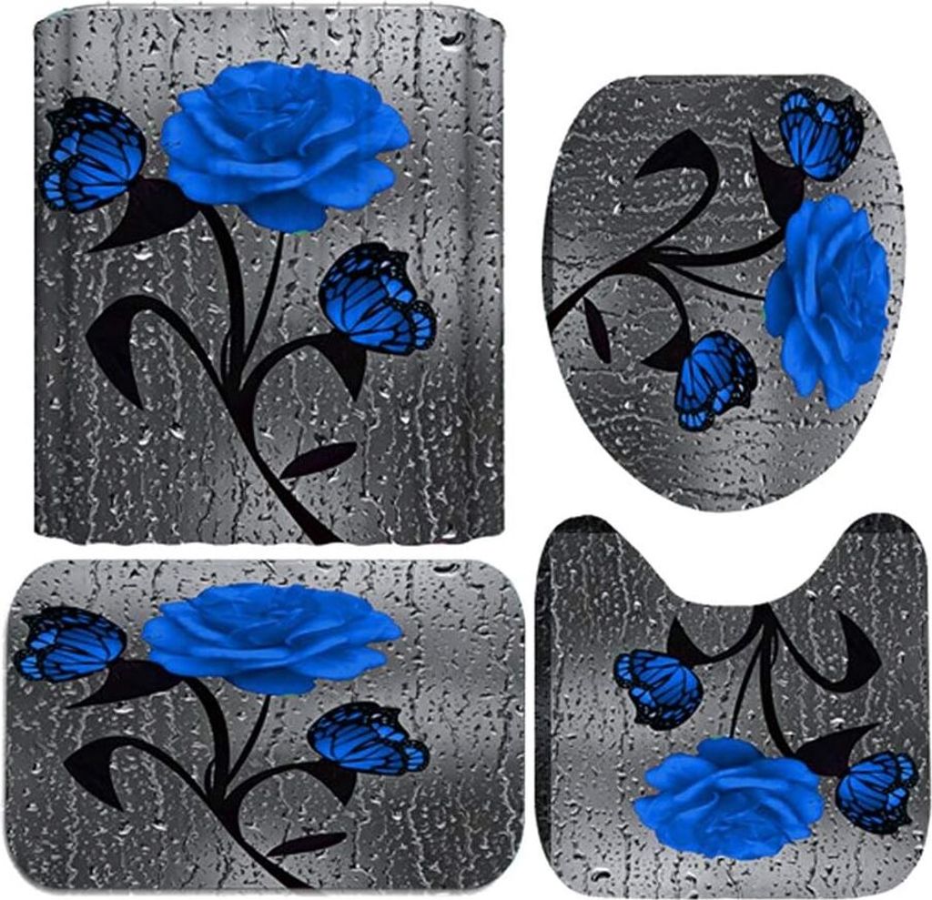 Blumenduschvorhang-Set 4-teilig - Rose Design Mit Teppich & Haken