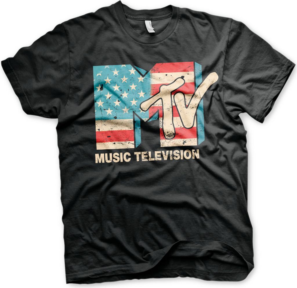 MTV Distressed USA-Flag T-Shirt - Medium - Black
