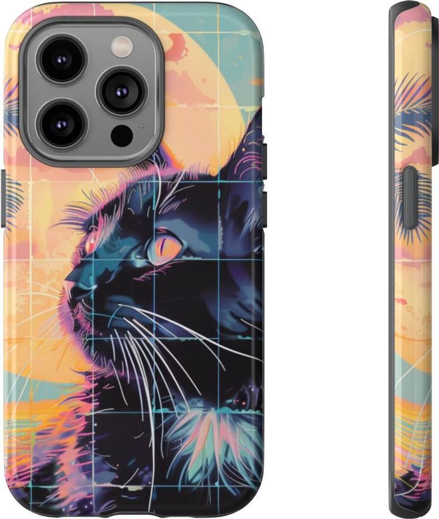 Lofi-Vaporwave-Katze vor Sonnenuntergang und Palmen – Hülle Kompatibel mit iPhone 14 Pro