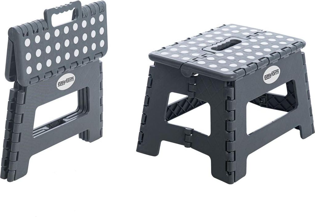 A gray foldable step stool is shown in both folded and unfolded states.