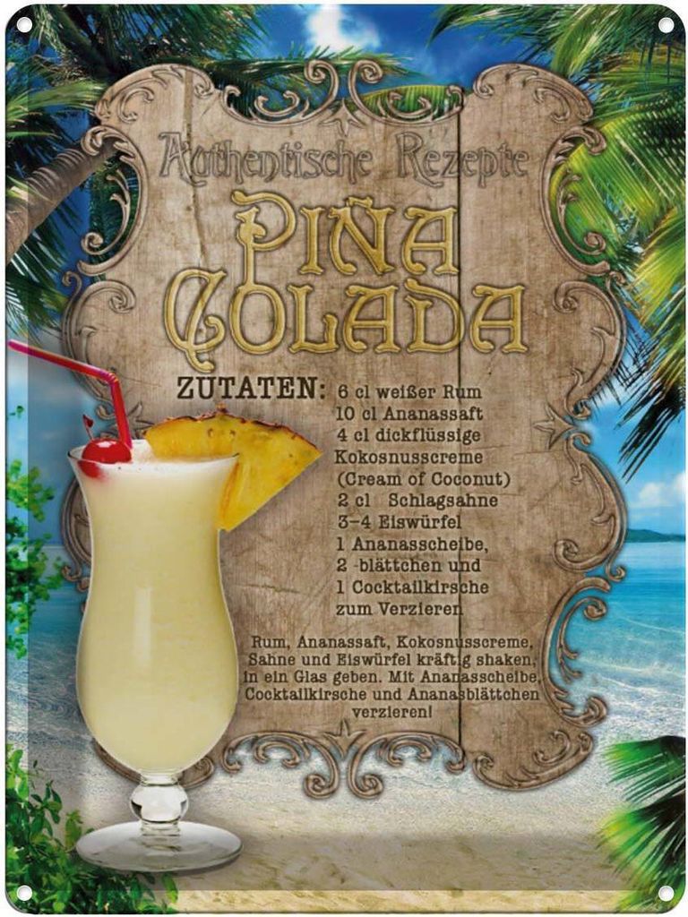 vianmo Blechschild 40x30 cm Rezept Pina Colada Zutaten Rum Ananas Restaurant Küche