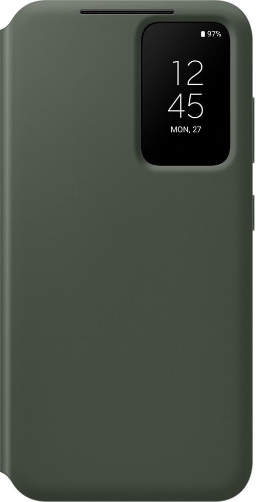 A dark green phone case with a transparent window showing the time and date.