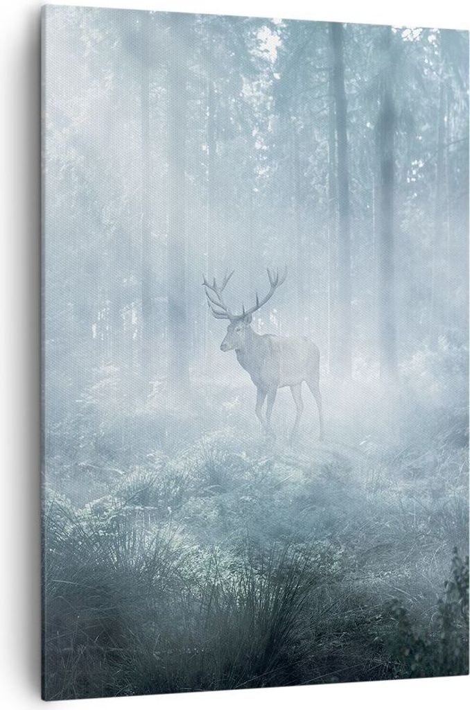 Bild auf Leinwand - Leinwandbild - Einteilig - Hirsch Wald Morgendämmerung - 70x100cm - Wand Bild - Wanddeko - Wandbilder - Leinwanddruck - Wandde...
