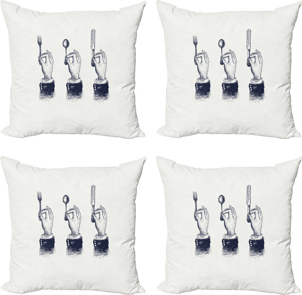 ABAKUHAUS Blau und weiß Kissenbezug Set (4 Stück), Hände mit Bestecken, Moderner Doppelseitiger Digitaldruck, 50 cm x 50 cm, Dunkelblau Weiß