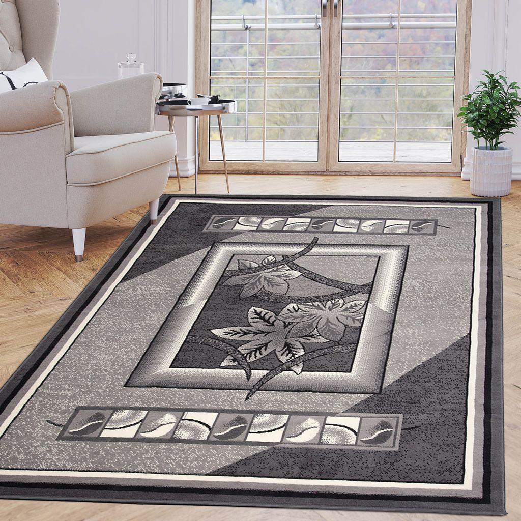 Kurzflor-Teppich modern aus Wolle mit geometrischem Muster in Grau Wohnzimmer 