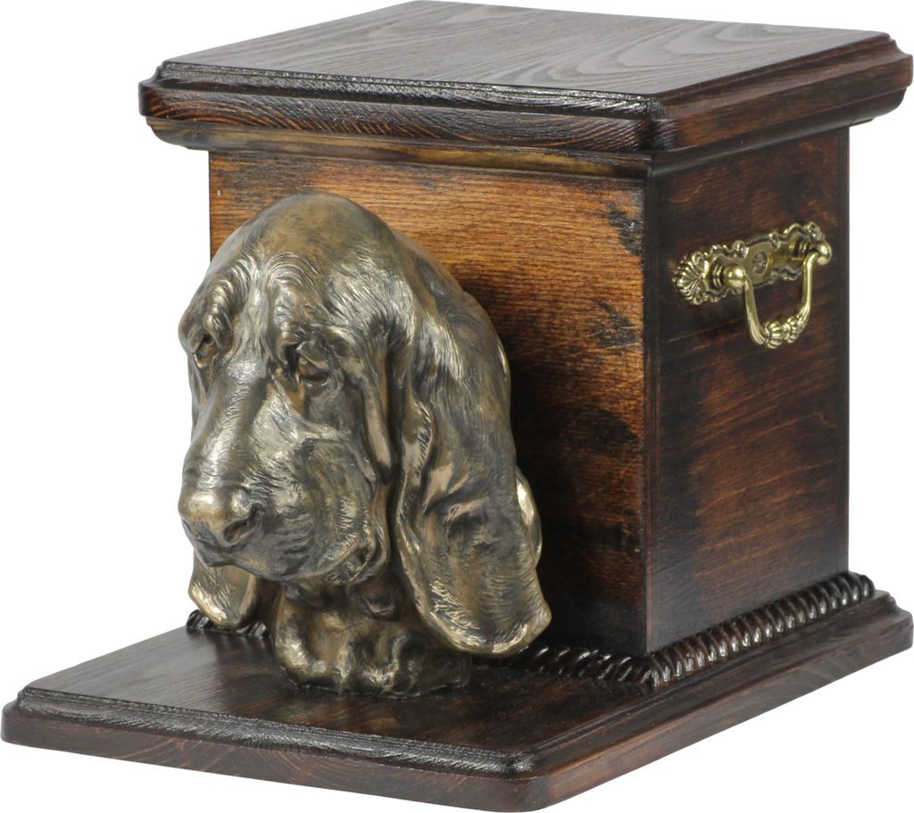 Basset Hound - Eine Urne für die Asche eines Hundes mit einer Statuette, eine elegante Urne für einen Hund, eine außergewöhnliche Urne mit dem ...