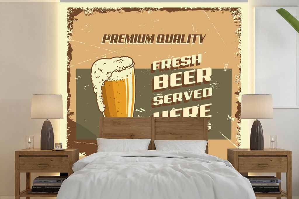MuchoWow Fototapete für Wohnzimmer oder Schlafzimmer Wandtapete Vinyl Motivtapete Mannshöhle - Bier - Schaum - Vintage - 300x300 cm - Wanddekor...