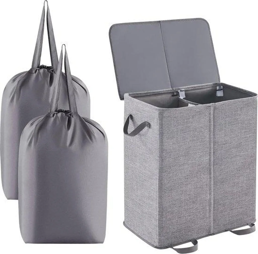 Corbeille à linge sale pliable double compartiment en tissu gris chiné
